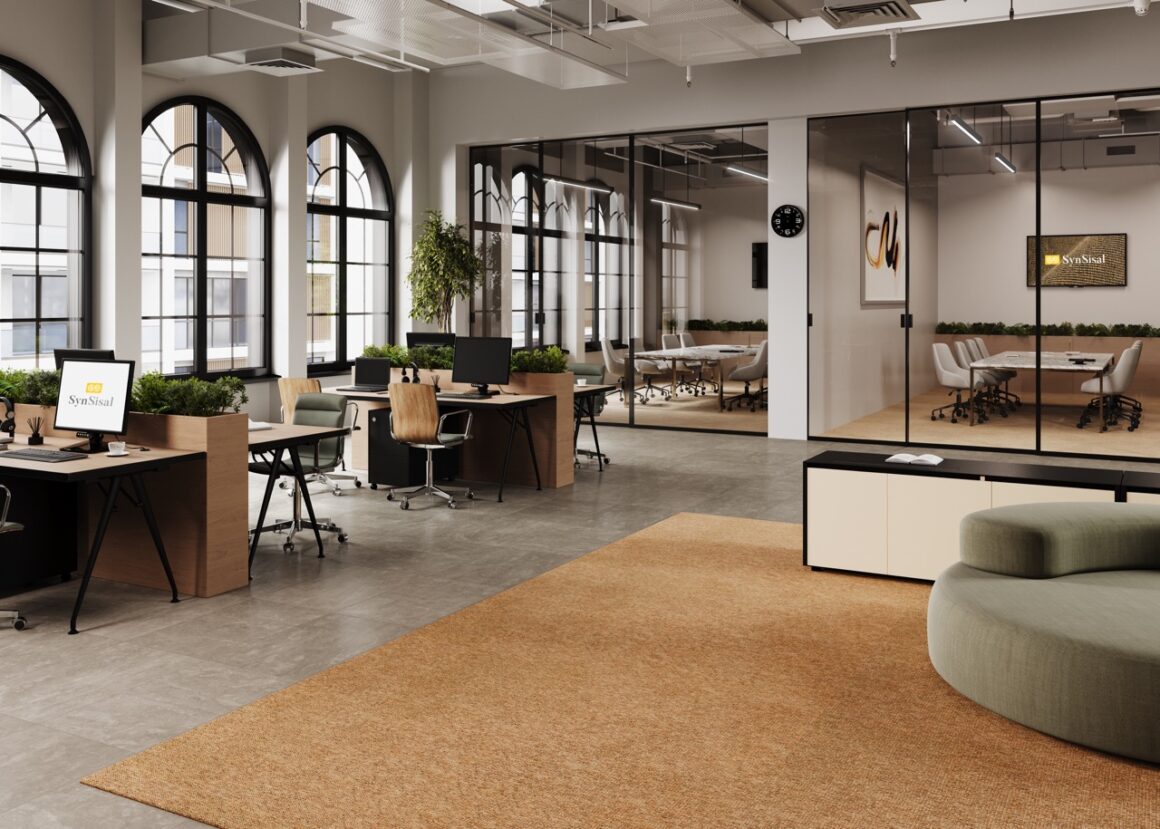 loft office space with synsisal area rug