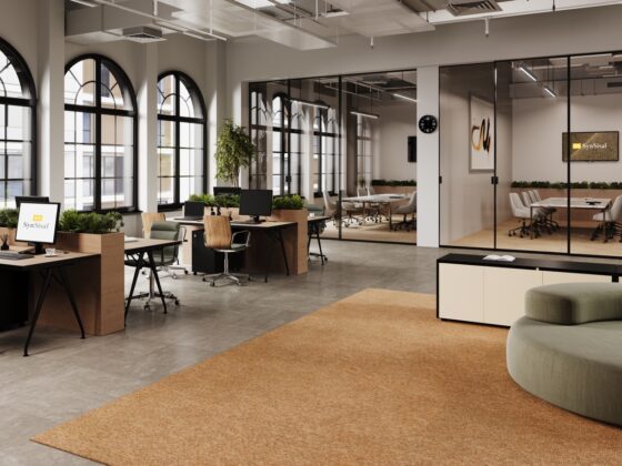 loft office space with synsisal area rug