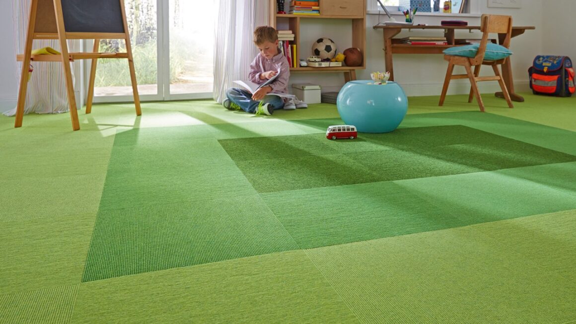 green-hued interlife tiles in child's bedroom