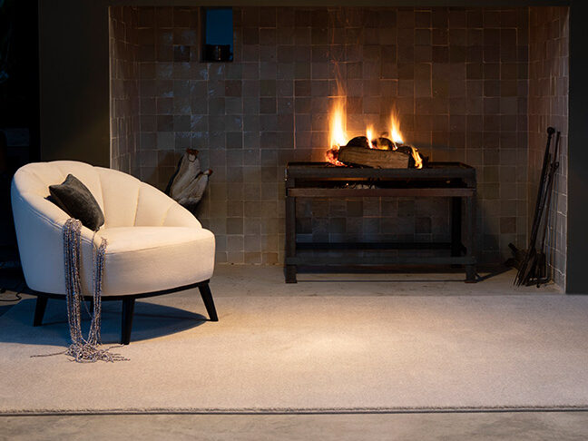thick wool rug by fireplace