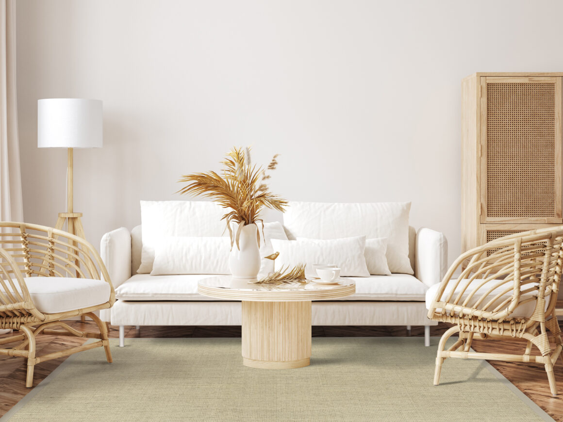 EarthSISAL™ area rug in color birch in neutral living room.